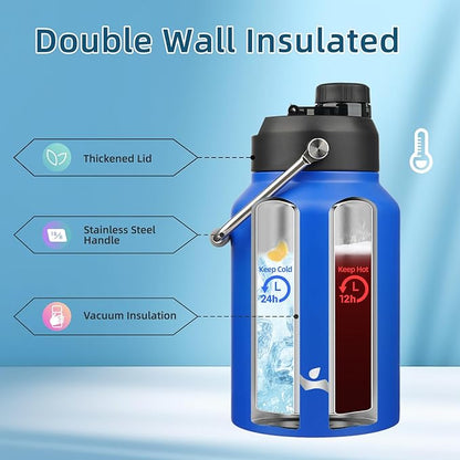 Half Gallon Jug with Handle,64 oz Insulated Water Bottle with Carrying Pouch,Double Wall Vacuum Stainless Steel Metal Bottle,Blue