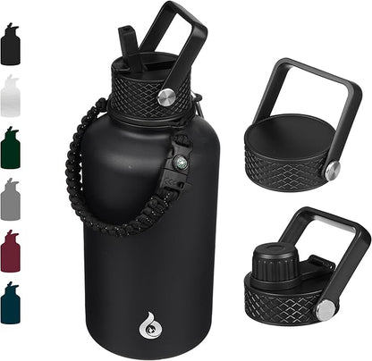 BJPKPK Half Gallon Insulated Water Bottles with Straw Lid, 64oz Large Water Jug, Stainless Steel Bottles with 3 Lids and Paracord Handle, Thermo for Hot & Cold Liquid, Black