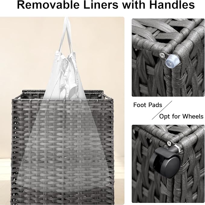 88L Slim Laundry Hamper with Wheels, 23.3 Gallon Rolling Laundry Basket with Lid, Tall and Narrow Laundry Hamper with 2 Removable Liner & 3 Mesh Bags, Laundry Sorter for Bathroom, Grey