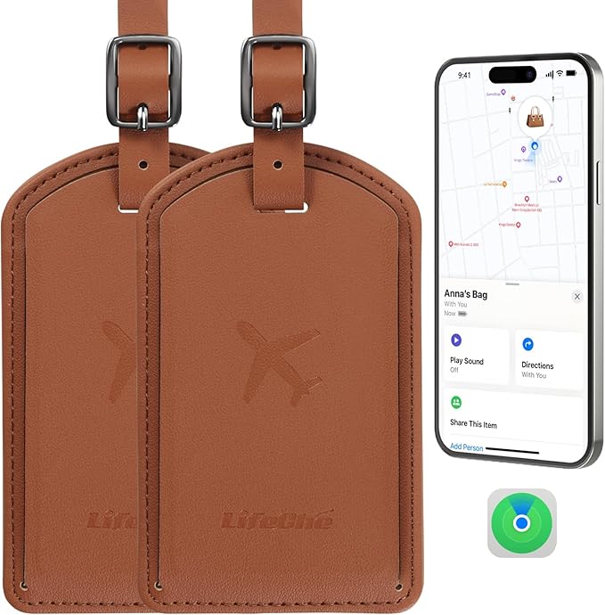 Luggage Tags Built-in Anti-Loss Tracker, Luxury Leather Luggage Tags for Suitcase, Travel Bags, Backpacks, Travel Organizer for Lost Baggage Prevention (Brown*2 Pack)