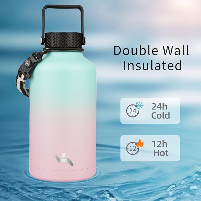 Half Gallon Insulated Water Bottle with Straw,64 oz 3 Lids Water Jug with Carrying Bag,Paracord Handle,Double Wall Vacuum Stainless Steel Metal Flask,Gum