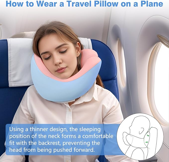 jiaao Neck Pillow Airplane, Memory Foam Travel Neck Pillows for Long Flight, 3D Eye Masks, Ear Plugs and Portable Drawstring Bag, Napping Pillow for Home, Road Trips, Sleep Rest and Travel Use