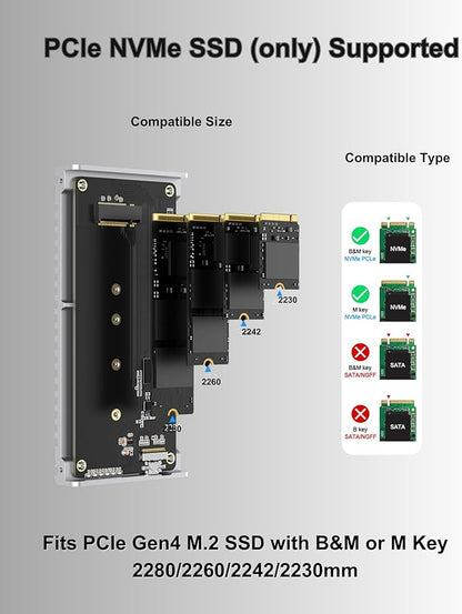 Noiseless 40Gbps M.2 NVMe Enclosure, USB C Aluminum External SSD Enclosure Compatible Thunderbolt4/3 8TB SSD Adapter, PCIe Gen4 M.2 SSD Reader Fits 2280/2260/2242/2230mm M B+M Key (Silver)