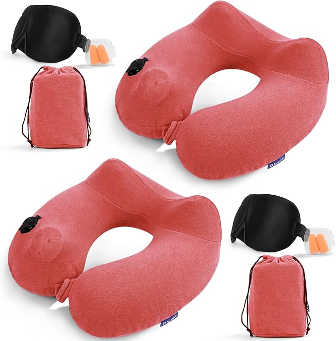 2 Pack Inflatable Travel Neck Pillows for Airplanes, Head Support Velvet Adult Neck Pillows for Long Flight, Kit with Eye Mask, Earplugs and Storage Bag, 2, Rose Pink