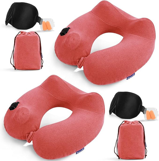 2 Pack Inflatable Travel Neck Pillows for Airplanes, Head Support Velvet Adult Neck Pillows for Long Flight, Kit with Eye Mask, Earplugs and Storage Bag, 2, Rose Pink