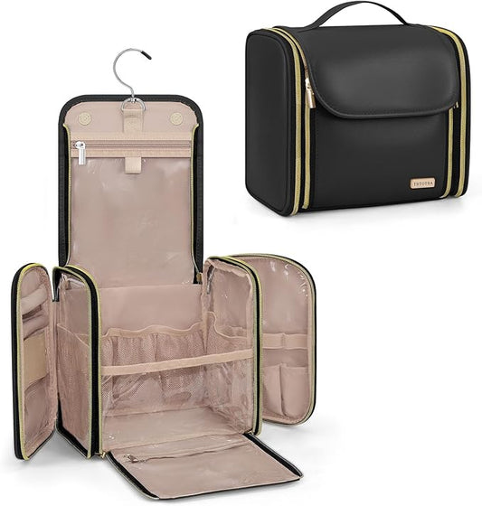 Hanging Toiletry Bag, PU Leather Makeup Bag Large Capacity with Jewelry Organizer for Brushes Set, Cosmetic Accessories, Black