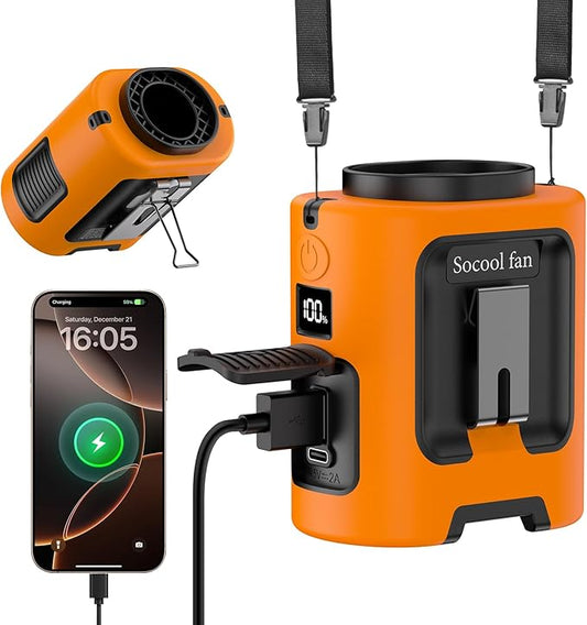 Socool Portable Waist Fan 5000mAh Rechargeable Mini Clip On Personal Fans with 13000RPM & 4 Adjustable Speeds, 25H Cooling Wearable Shirt Belt Hanging Neck Fan for Outdoor Working Jobsite (Orange)