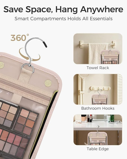 Hanging Toiletry Bag, PU Leather Makeup Bag Large Capacity with Jewelry Organizer for Brushes Set, Cosmetic Accessories, Pink