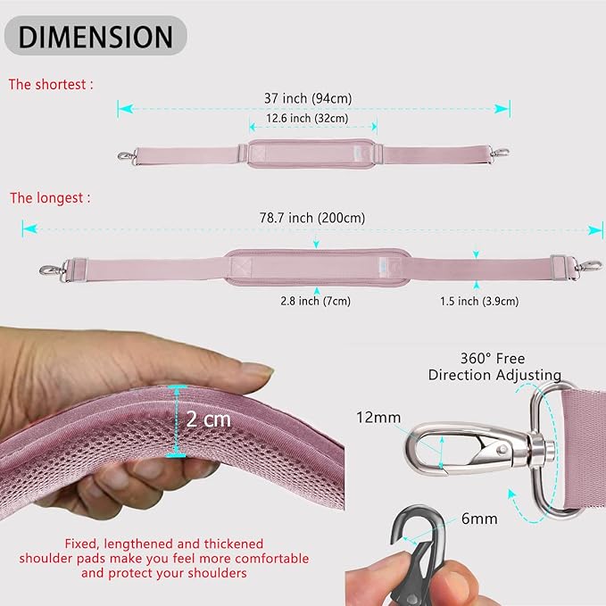 ZINZ 79 inch Shoulder Strap, Extra-thick Fixed Cushion Pad and Dual Clasps Universal Replacement Strap with Metal Swivel Hooks for Laptop Bags, Luggage Bags, Camera, Crossbody (200cm,Pink)