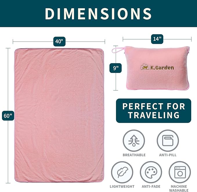 Travel Cooling Blanket and Pillow- Soft 2 in 1 Airplane Compact Flight Essentials Car Pillow Travelers Gifts Accessories Compact Pack Blanket for Any Travel with Luggage Backpack Strap,Pink