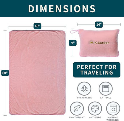 Travel Cooling Blanket and Pillow- Soft 2 in 1 Airplane Compact Flight Essentials Car Pillow Travelers Gifts Accessories Compact Pack Blanket for Any Travel with Luggage Backpack Strap,Pink