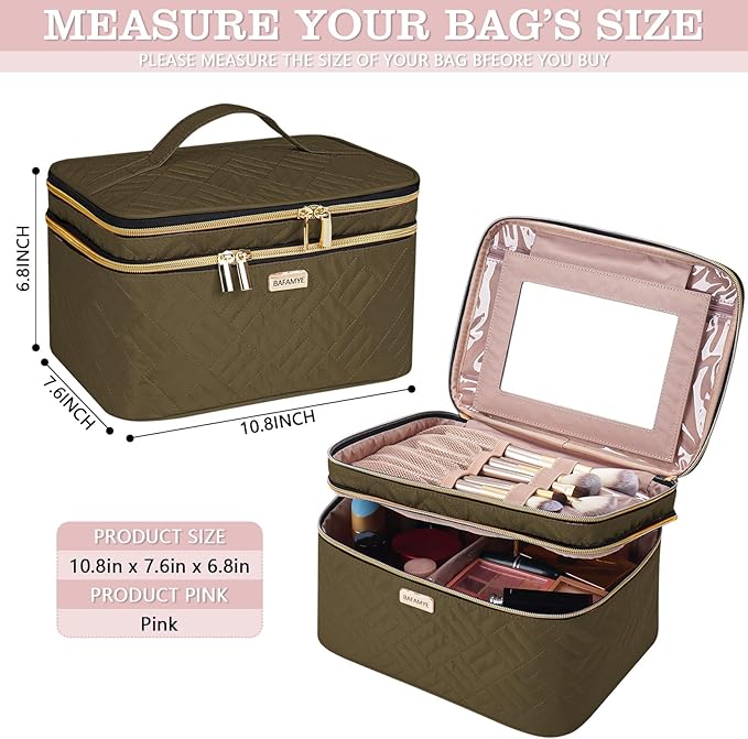 8.8L Double Layer Travel Makeup Bag With Mirror For Women, Large Cosmetic Case, Organizer for Travel-Size Accessories Bottles, Brushes,and Skin Care Products, 2.33 GAL, Brown…