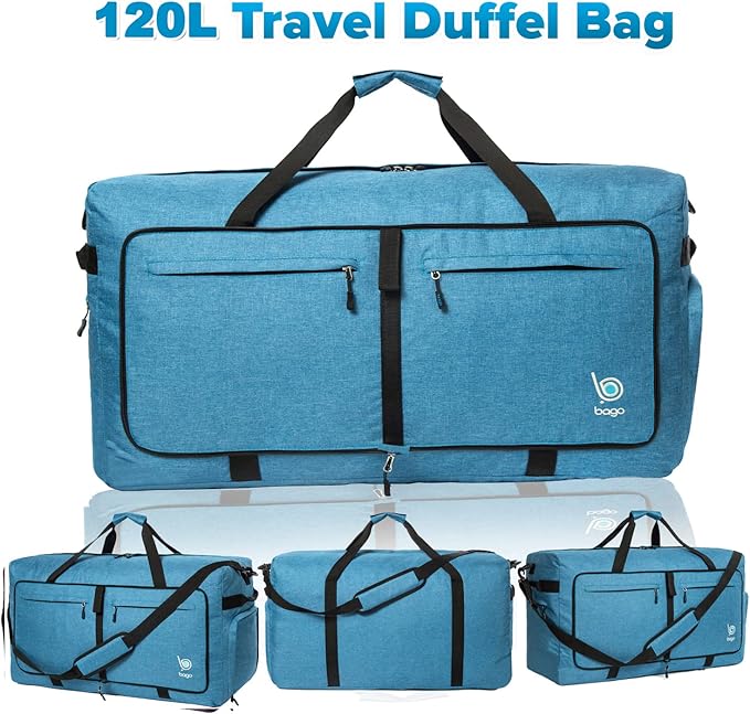 Bago Large Foldable Duffel Bags for Traveling Women & Men - 120L Packable Duffle Bag for Travel with Shoe Compartment - Water Repellant, Heavy Duty, Lightweight Folding & Collapsible (SnowBlue)