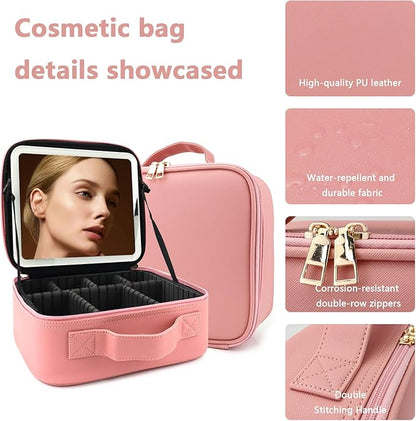 Travel Makeup Bag with LED Lighted Mirror, Travel Makeup Organizer,3 Color Setting Cosmetic Makeup Box, Adjustable Dividers and Brush Holder（pink）