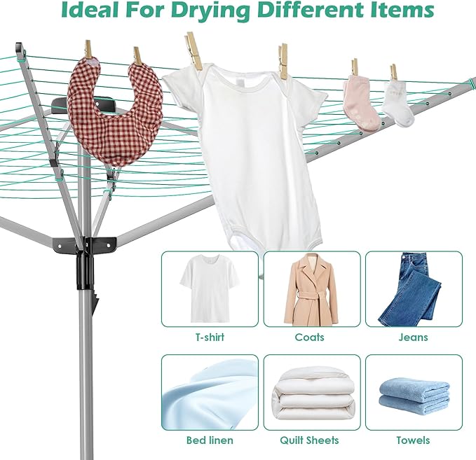 tonchean Rotary Umbrella Drying Rack Outdoors, 4-arm Umbrella Clothesline for Laundry, Adjustable Height Rotary Dryer Collapsible Clothes Drying Rack | 12-Lines with 165 ft. Clothesline