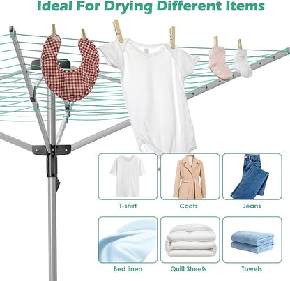 tonchean Rotary Umbrella Drying Rack Outdoors, 4-arm Umbrella Clothesline for Laundry, Adjustable Height Rotary Dryer Collapsible Clothes Drying Rack | 12-Lines with 165 ft. Clothesline