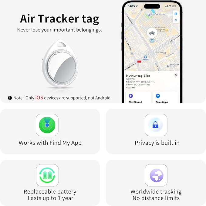 Tracker Tags-16 Pack, 5.3 Bluetooth Tracker Work with Apple Find My (iOS Only), 100dB Sound Finder, Smart Tags with Keychain/Lanyard, Item Finder for Luggage/Key/Suitcase, Replaceable Battery.