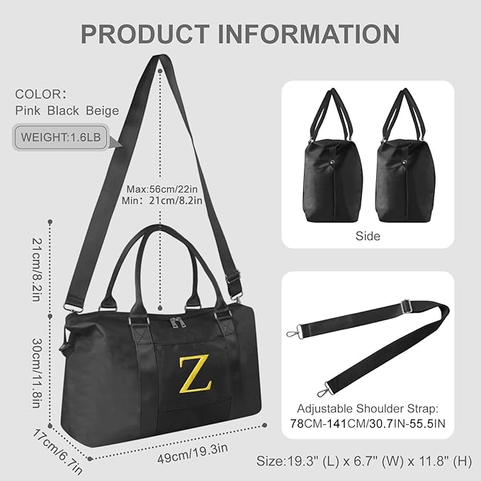 Personalized Initial Gym Dance Bag, Travel Duffel Bag for Teen Girls, Carry On Bag Overnight Weekender Bag with Trolley Sleeve, Birthday Gifts for Women Mom Daughter Graduation Gift(Letter Z, Black)