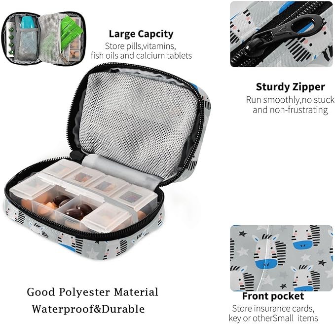 Fustylead Funny Zebras Travel Pill Organizer Bag with Zipper Small Pill Box 7 Day Pill Case for Purse Storage Weekly Vitamin Medicine Supplement
