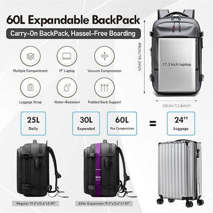 Vacuum Seal Backpack Travel 60L Expandable Backpack with Compression System, TSA Lock Water Resistant Carry-On Backpack (with Pump)