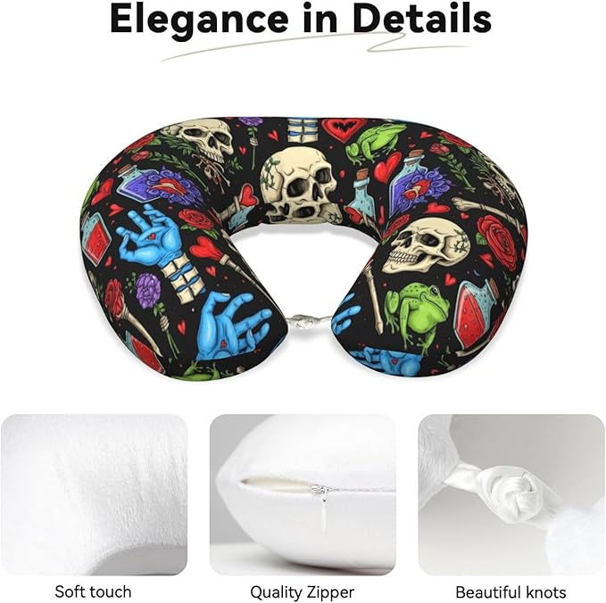 Neck Pillow for Sleeping Rest Nap Halloween Goth Skull Mushroom Vampire Magic Witch Witchcraft, Airplanes/Car/Home Memory Foam Travel Cushion with Polyester Cover Washable for Women Men