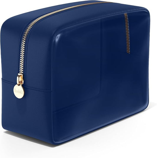 Embla London Makeup Bag Cosmetic Case, Clear Zipper Make Up Pouch and Toiletry Travel Tote, Cute Skincare Pouches for Women Girls, Preppy Purse Cosmetic Organizer, Large Makeup Bags, Sapphire