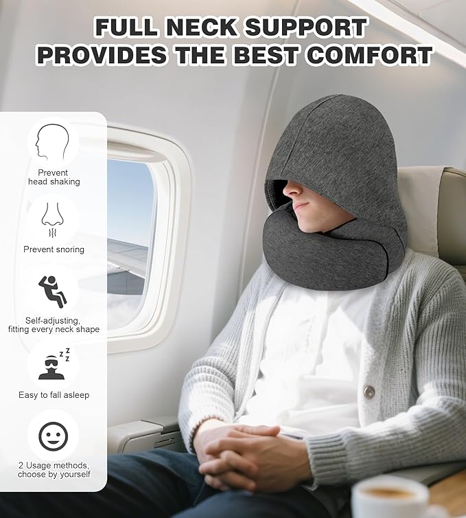 Travel Neck Pillow, Newly Upgraded Hooded Neck Pillow , 100% Pure Memory Foam Travel Pillow for Flight Headrest Sleep,Windproof and heat preservation,Suitable for use in Outdoor/ Plane/Car/Office