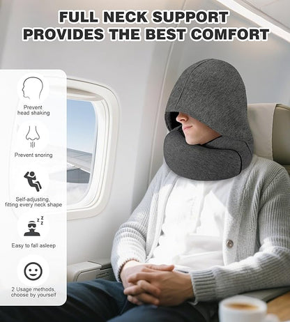 Travel Neck Pillow, Newly Upgraded Hooded Neck Pillow , 100% Pure Memory Foam Travel Pillow for Flight Headrest Sleep,Windproof and heat preservation,Suitable for use in Outdoor/ Plane/Car/Office