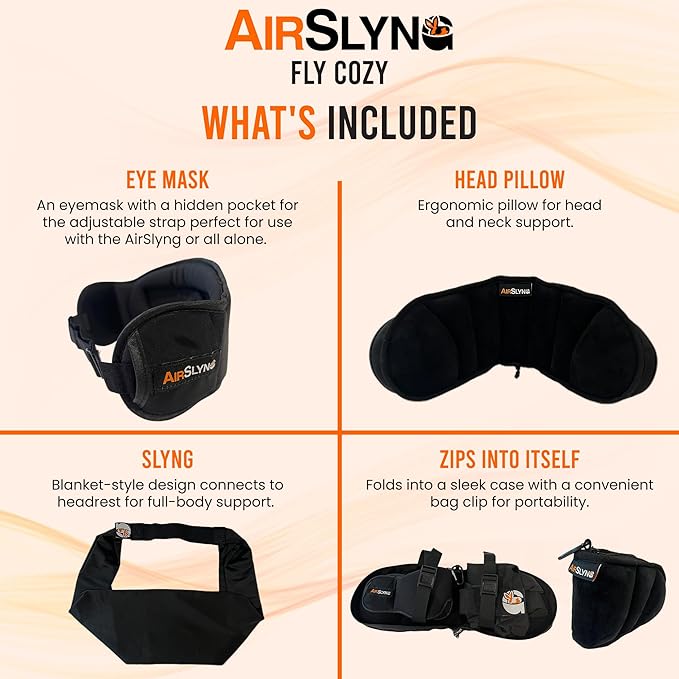 3-in-1 Airplane Sleep Support System - Integrated Plane Sleeping Accessories with Memory Foam Long Haul Flight Pillow, Adjustable Travel Eye Mask, and Blanket-Like Body Sling - Fits in Carry On