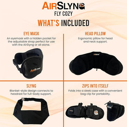 3-in-1 Airplane Sleep Support System - Integrated Plane Sleeping Accessories with Memory Foam Long Haul Flight Pillow, Adjustable Travel Eye Mask, and Blanket-Like Body Sling - Fits in Carry On