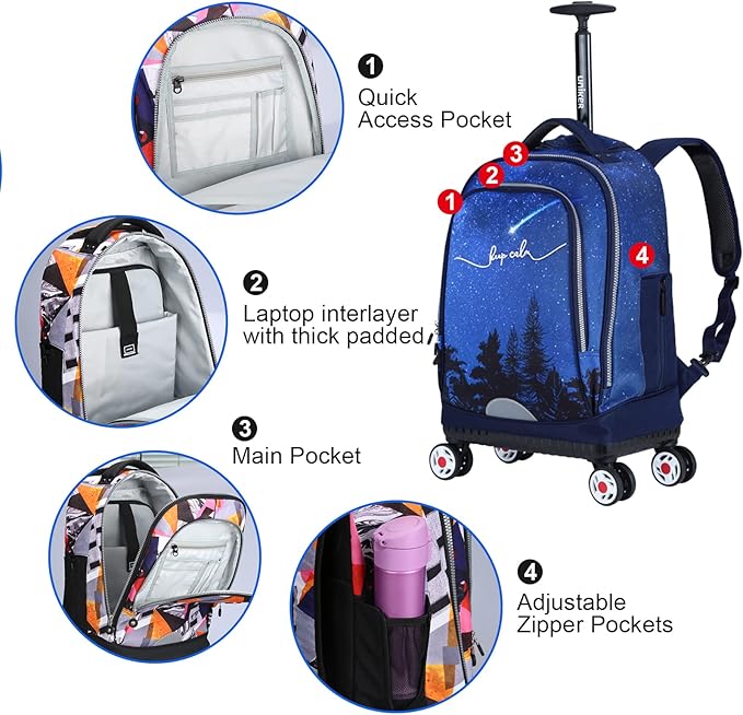 UNIKER Rolling Backpack with Wheels for Travel, Roller Backpack for Women, Wheeled Laptop Bag Fits 15.6 Inch Notebook