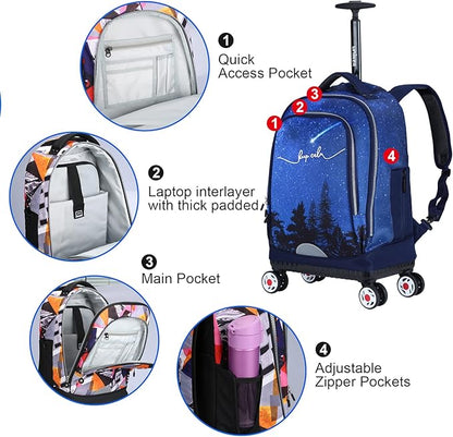 UNIKER Rolling Backpack with Wheels for Travel, Roller Backpack for Women, Wheeled Laptop Bag Fits 15.6 Inch Notebook