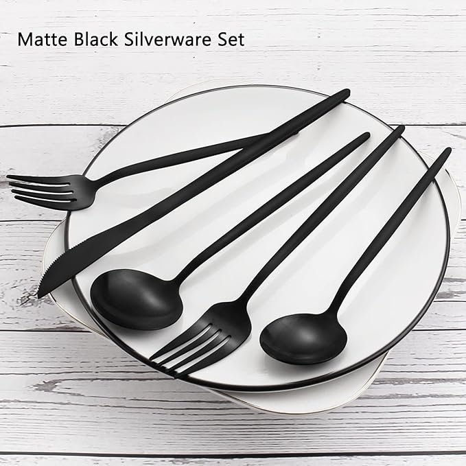Matte Black Silverware Set, VANVRO 40-Piece Stainless Steel Flatware Set, Satin Finish tableware Cutlery Set, Service for 8, Home and Restaurant, Dishwasher Safe