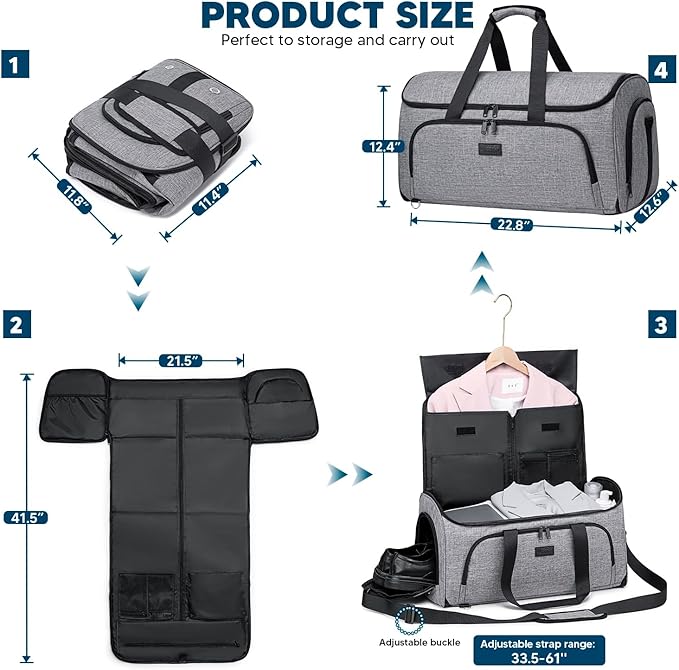Garment Bags for Travel,Convertible Garment Bag with Shoulder Strap, 4 in 1 Suit Bag Travel with Shoes Foldable 58L Garment Bags for Men Women Garment Duffel Bags for Hanging Clothes,Grey