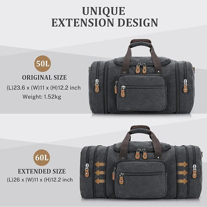 Gonex Canvas Duffle Bag for Travel 60L Expandable Duffel Weekend Overnight Bag men (Dark Gray)