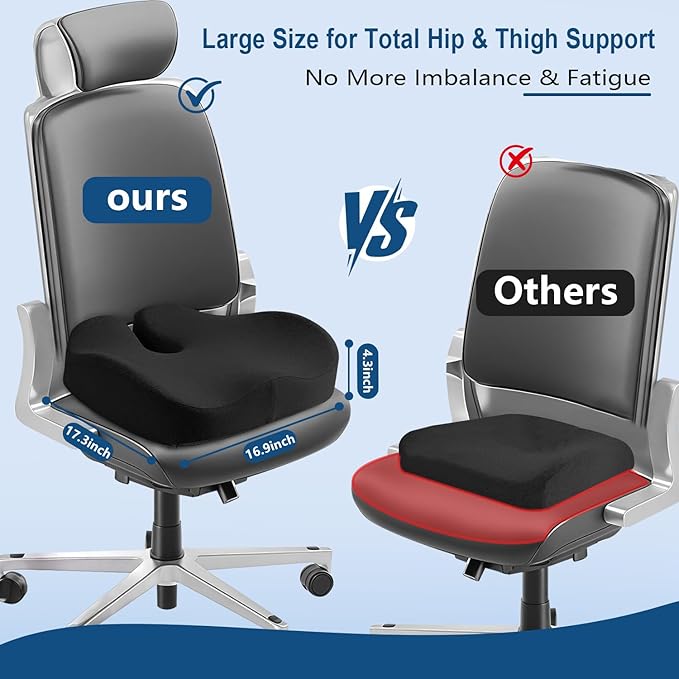 Seat Cushion for Office Chair for Wide Hip & Thigh with Firm Support, Thickened Memory Foam Sciatica Pain Relief Pillow for Proper Posture, Ergonomic Tailbone Pain Relief Cushion for Car Seat, Home