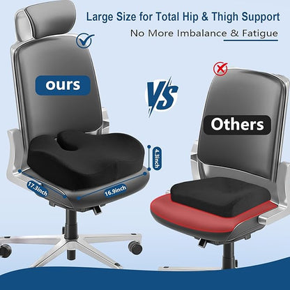 Seat Cushion for Office Chair for Wide Hip & Thigh with Firm Support, Thickened Memory Foam Sciatica Pain Relief Pillow for Proper Posture, Ergonomic Tailbone Pain Relief Cushion for Car Seat, Home