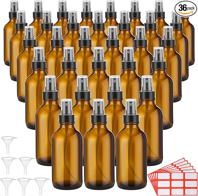 Fumete 36 Pcs Glass Spray Bottles 4oz Fine Mist Glass Spray Bottle Refillable Liquid Containers with 6 Labels 6 Funnel for Hair Travel Plants Cleaning Solutions Skin Care(Amber,Classic)