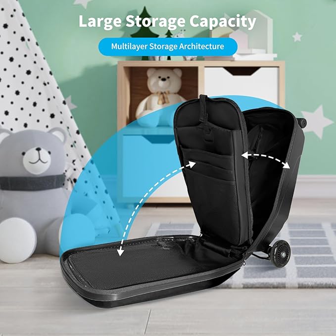 Scooter Hardshell Kids' Luggage, Foldable Carry on Kids Suitcase with Telescopic Handle for Travel, Multifunctional Ride On Lightweight Luggage with Wheels, Light Black