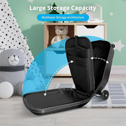 Scooter Hardshell Kids' Luggage, Foldable Carry on Kids Suitcase with Telescopic Handle for Travel, Multifunctional Ride On Lightweight Luggage with Wheels, Light Black