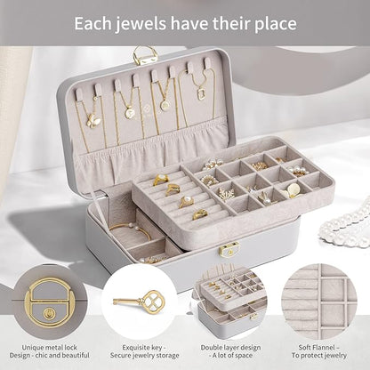 Vlando Jewelry Boxes for Women,2 Layers Jewelry Box with Lock,Birthday Gifts for Women Girls,Jewelry Organizers for Earrings Necklace,Rings Storage Grey