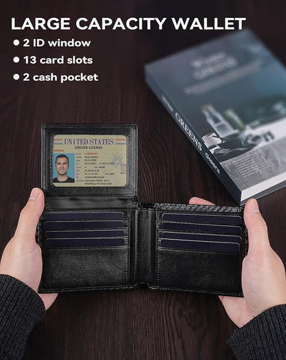Swallowmall Leather Wallet for Mens Genuine Leather RFID Blocking Bifold Wallets with 2 ID Windows 13 Card Slots