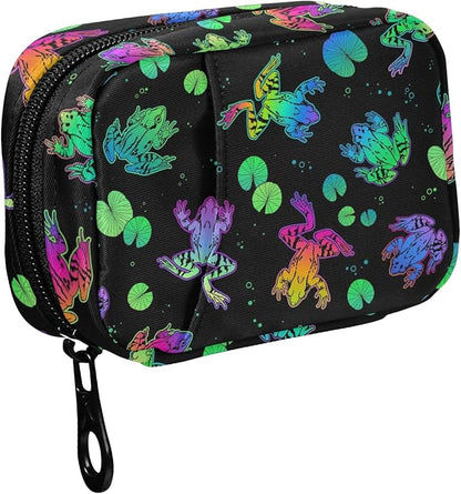 Fustylead Neon Color Frogs and Water Lily Leaves Travel Pill Organizer Case Zipper for Purse with Removable Weekly Pill Box for Medicine, Vitamin, Supplement Medicine Organizer