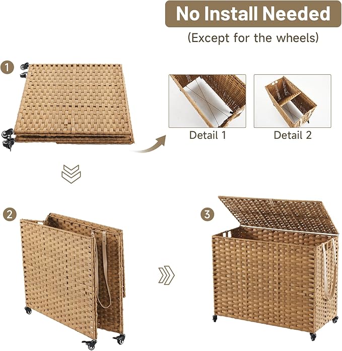 Laundry Hamper with Wheels, 52.8 Gallon(200L) Rolling Laundry Basket with Lid, Removable Large 3 Color Liners & 3 Mesh Laundry Bags, Clothes Hamper with Side Pocket, Natural