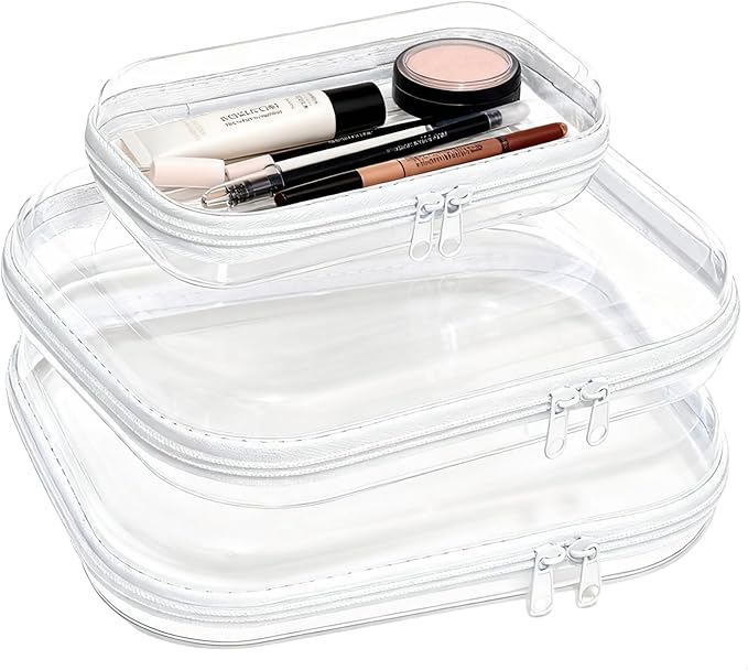 3PCS Clear Hard Plastic Zipper Case, Double Zippers Hard Pouch, Portable Travel Organizer Bin Clear Makeup Bag for Toy Storage, Snack Bag, Cosmetics, Pencil Case, Diaper Bag, Toiletry Bag