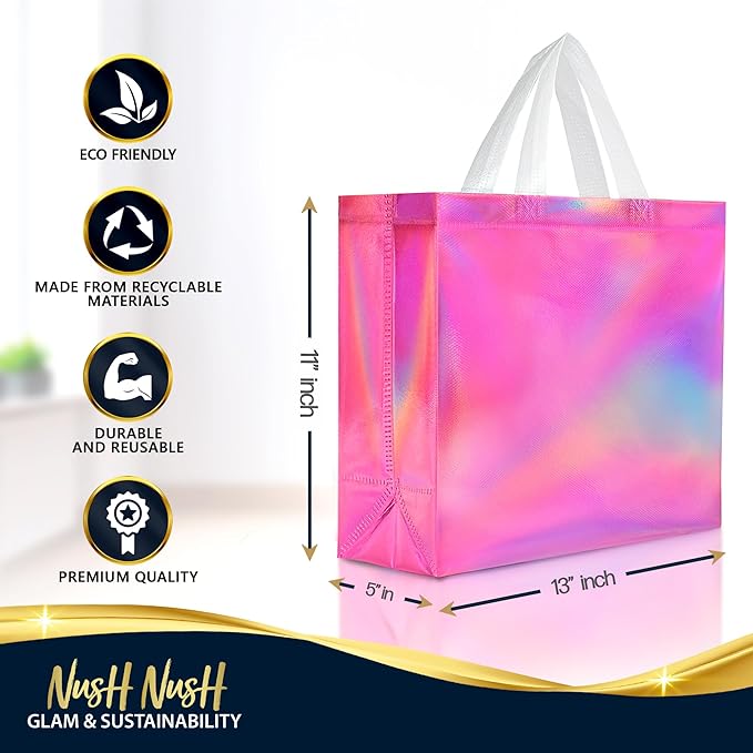 Nush Nush Large Pink Iridescent Gift Bags Bulk – Set of 60 Holographic Pink Gift Bag With Handles - For Small Business, Birthday, Christmas, Goodie, Gifting, Party Favors - 13 "x 5" x 11" Size