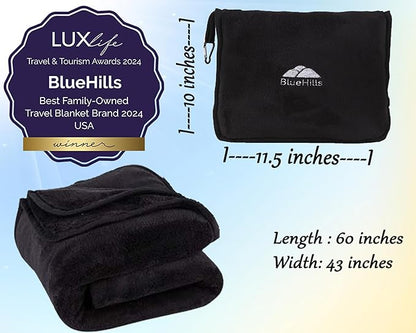 BlueHills Premium Soft Travel Blanket Pillow Airplane Blanket Packed in Soft Bag Pillowcase with Luggage Sleeve Compact Pack Large Traveling Packable Lightweight Gifts Black T008