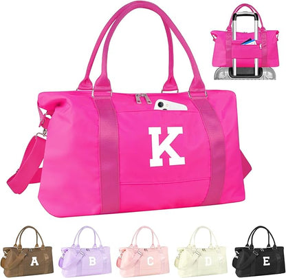Overnight Bag for Kids Teen Girls Weekender Dance Bag Birthday Graduation Gifts,Initial Travel Duffel Bag Sports Gym Bag Personalized Weekender Bag Carry On Bags Preppy Gifts for Women(Hot Pink, K)