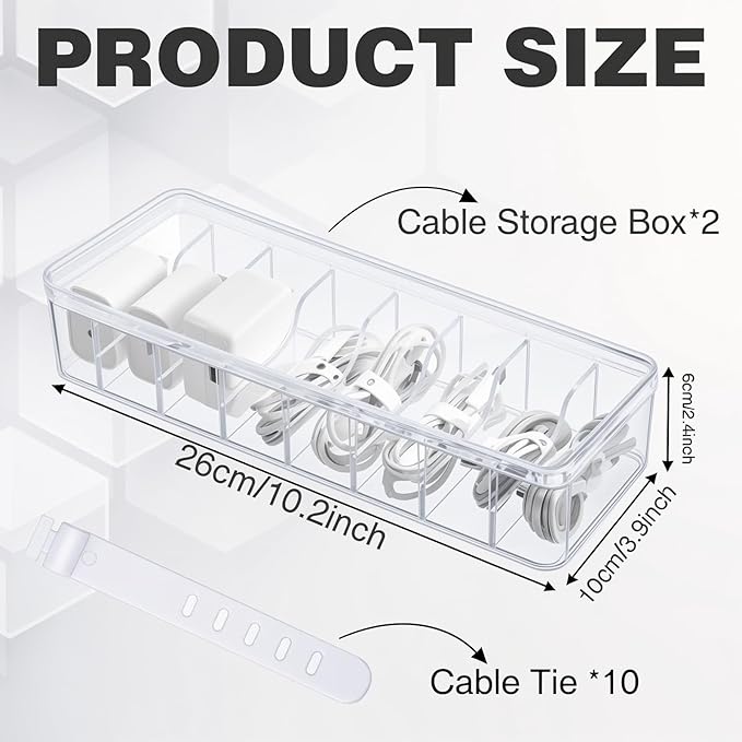 2 Pack Plastic Cord Organizer Box with 20 Wire Ties, Electronics Accessories Storage Case, Clear Cell Phone Cord Storage Organizer with 8 Compartments for Home Office Desk Organizers