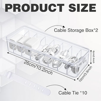 2 Pack Plastic Cord Organizer Box with 20 Wire Ties, Electronics Accessories Storage Case, Clear Cell Phone Cord Storage Organizer with 8 Compartments for Home Office Desk Organizers
